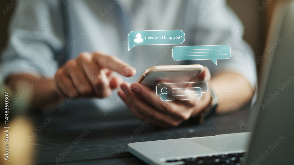 Aufkleber person using smartphone with chat bubbles indicating virtual assistant and customer service support