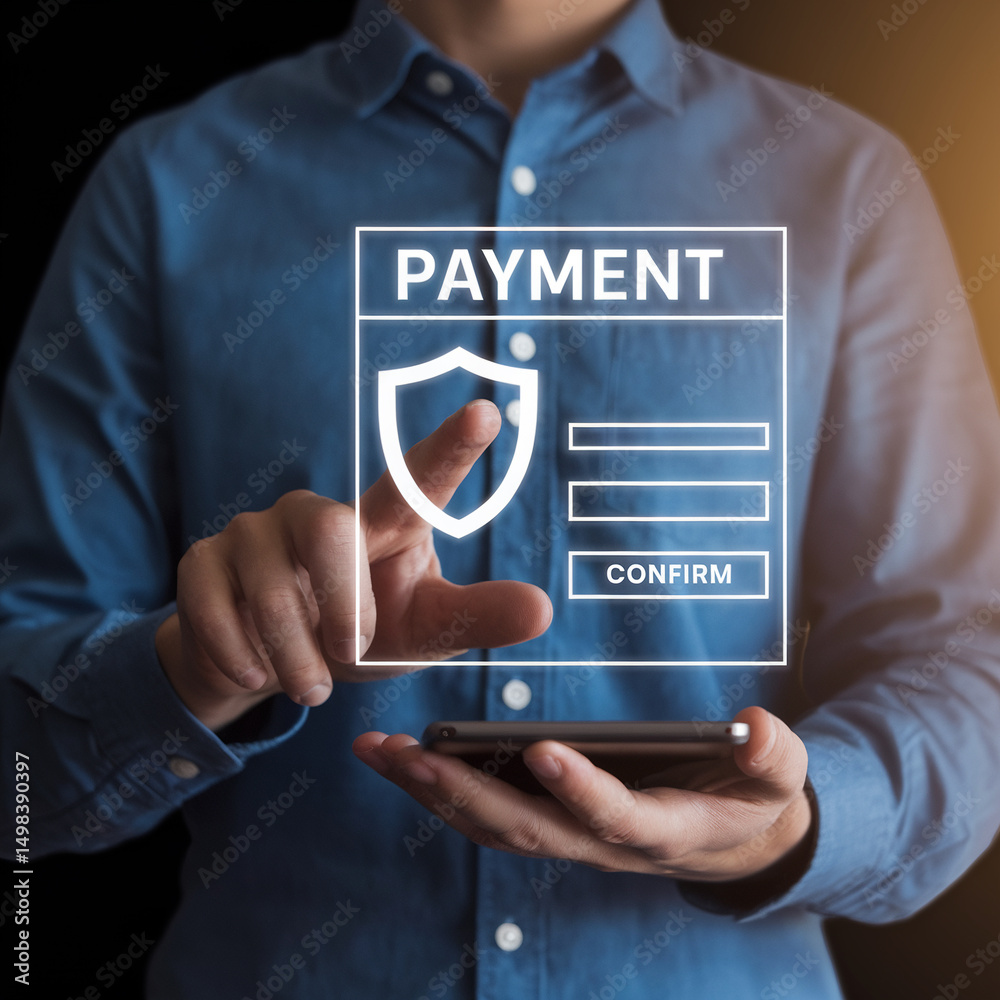 Poster man in blue shirt holding phone with digital payment interface and security shield displayed above i