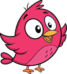 A cartoon illustration of a pink bird with big eyes and a yellow beak on a white isolated background