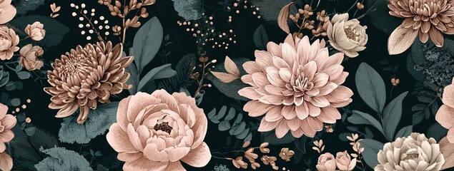 Dark Background Floral Pattern With Pale Pink Flowers And Green Leaves