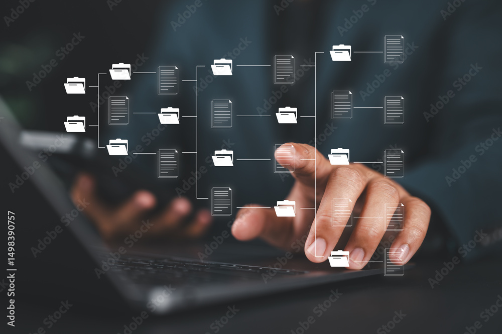 Poster Automation software to archiving and efficiently manage and information files. Document Management System or DMS. Consultant information technology working on laptop. Internet Technology Concept.