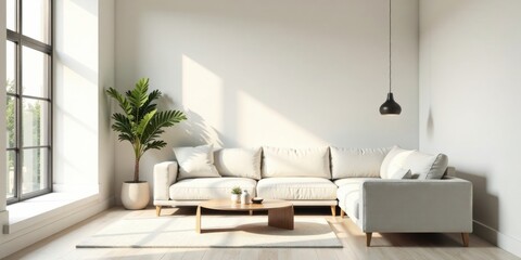 Serene Living Room with Modern Sectional Sofa and Sunlight Streaming Through Large Window