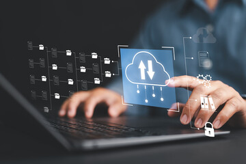 Digital system for transferring documents. File Transfer Protocol, files receiver and computer backup copy. File sharing isometric. Exchange information and data with internet cloud technology.