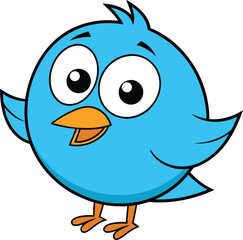 A cartoon blue bird with big eyes and an orange beak standing on a white background in a simple style