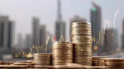 Stacked Coins with Upward Trading Arrows Against City Skyline Background