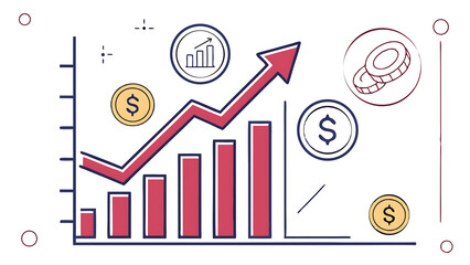 A vector infographic showing a growing bar chart and a rising line graph with an upward arrow, surrounded by coins and currency symbols, in a flat design style with a corporate color palette. 