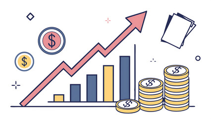 A vector infographic showing a growing bar chart and a rising line graph with an upward arrow, surrounded by coins and currency symbols, in a flat design style with a corporate color palette. 