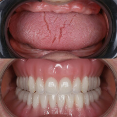 Full-arch denture prosthesis with dental implants placed in the jawbone. Full arch implant...