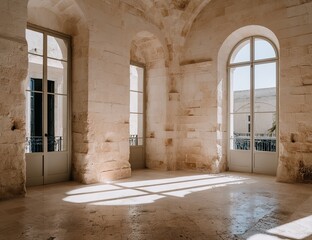 Sunlit Empty Historical Room With Large Windows