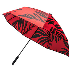 Sport Inspired Compact Beach Umbrella with a Dynamic Red Umbrella with Black Leaves Isolated on Transparent Background