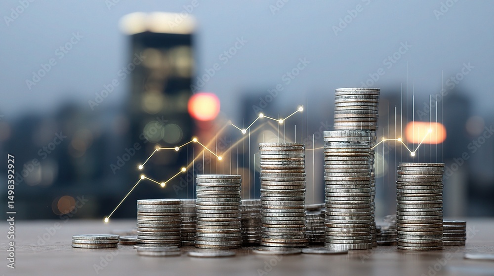 Poster stacked coins with graph lines representing data growth concept