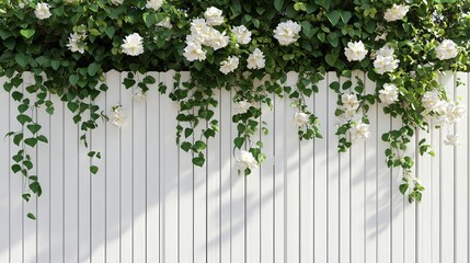 Fototapeta premium White Flowers Climbing White Wooden Fence Beautiful Nature Spring Blossom Floral Background Garden Photography Summer Romance Fresh Green Leaves Blooming Plants White Fence 