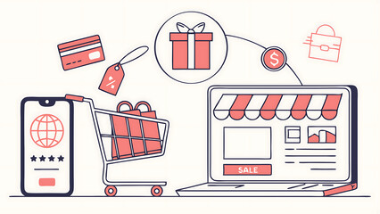 A vector illustration of a modern e-commerce interface featuring a shopping cart, credit card, and product listings, in a flat design style with pastel colors. The composition includes smartphone .