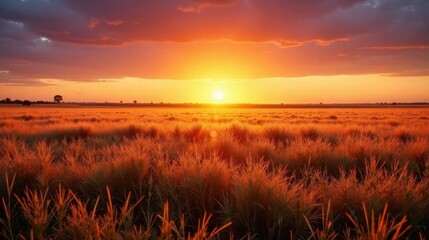 Golden Hour Serenity A Vast Prairie Bathed in the Warm Glow of a Setting Sun