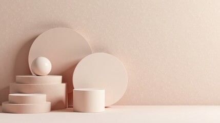 Pastel-toned product display featuring layered circular platforms and a sphere, ideal for showcasing cosmetics, jewelry, or other small items against a soft textured backdrop.