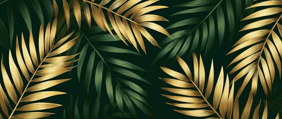 Gold And Dark Green Tropical Leaf Pattern
