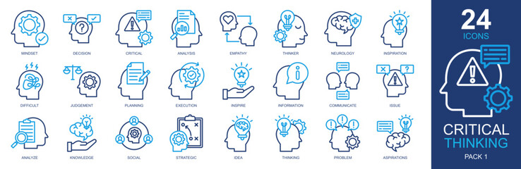 Critical Thinking Icons set vector illustration. Containing mindset, critical, empathy, thinking, decision and more. Simple outline color icons collection.