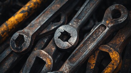 Close-up Image Showcasing the Textured Rust and Form of Vintage Wrenches