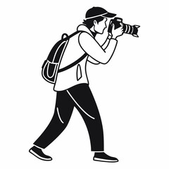 Professional photographer with backpack taking photo on white background