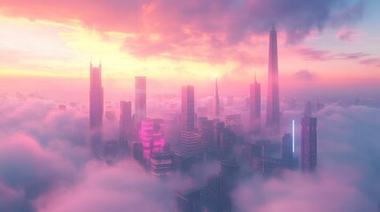 A vibrant cityscape emerges from a soft sea of clouds at twilight, ethereal beauty