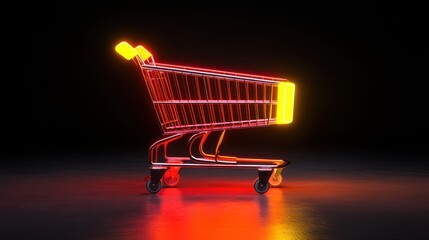 Neon illuminated shopping cart on dark background conveys modern retail technology