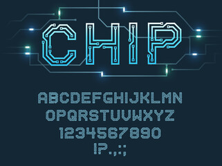 Chip type font, vector alphabet letters, digits and punctuation marks Blue microcircuit glowing abc uppercase characters, fluorescent electric futuristic style signs set isolated on dark background