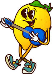 Cartoon groovy lemon fruit character cheerfully playing guitar enjoying music and joy. Vector citrus retro y2k personage with a big smile, sneakers and green bandana, exuding fun and musical vibe