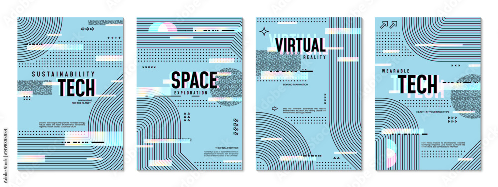 Aufkleber Abstract futuristic glitch poster template with curved lines and abstract geometric shapes. Vector modern cover layouts features holographic noise, distorted effects with tech vibes, digital patterns