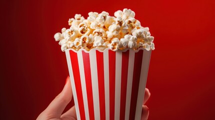 Delicious popcorn in striped container against vibrant red backdrop capturing movie night vibes