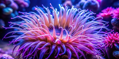 Vibrant sea anemone with delicate tentacles and intricate patterns in shades of pink, purple