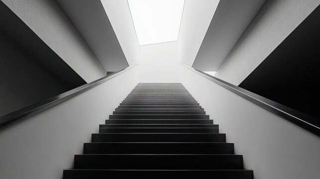Monochromatic staircase leading to bright skylight in modern building architecture