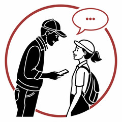 Man giving phone to smiling girl backpack