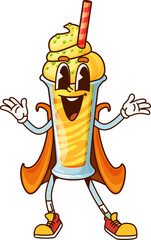 Cartoon groovy milkshake cup dessert character with superhero or wizard cape and playful expression. Isolated vector funny orange colored sweet cocktail glass retro personage with whipped cream swirl