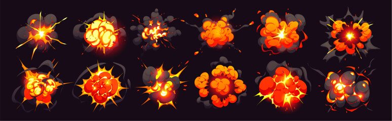 Bomb blast explosion effect, cartoon boom clouds, comic fire and smoke. Vector dynamite danger explosive detonation for comic books or video games. Fiery bursts, atomic war, fireballs attack or impact