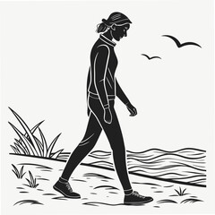 Woman walking by the ocean, clean cutout silhouette