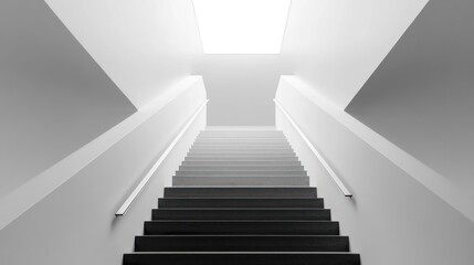 Minimalist architectural staircase leading to a skylight in black and white tones