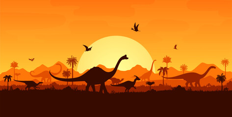 Prehistoric dinosaurs silhouettes on sunset landscape background with trees, rocks and plants. Vector terrain with dino species and flying pterosaur shadows in front of large sun in orange dusk sky © Vector Tradition