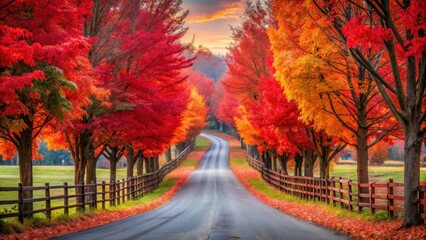 Road lined with vibrant red trees framing a love heart landscape, serene and peaceful atmosphere, nature's splendor in autumn, wooden fence, scenic pathway