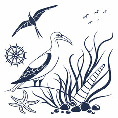 Coastal bird scene seabird starfish seashells nautical