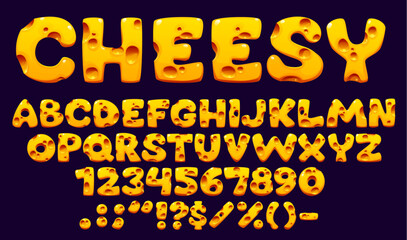 Cartoon cheese font, yellow Swiss and Maasdam typeface or cheesy Gouda type, vector dairy letters alphabet. Cheese font with holes in letters for funny cheesy ABC type and English alphabet typeface