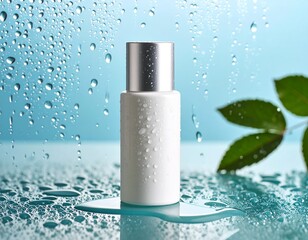 雨粒ガラス越しに見える化粧品ボトル