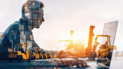 Manager Working on PC with Forklifts and Cargo Vessel Background