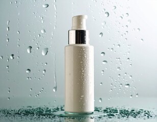 雨粒ガラス越しに見える化粧品ボトル