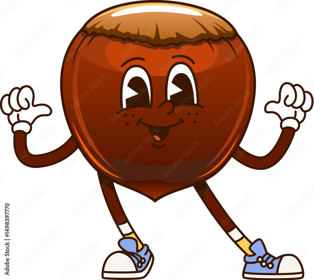 Aufkleber cartoon funny groovy hazelnut nut character in retro sneakers joyfully pointing on itself showcasing