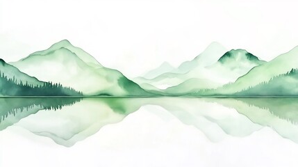 Blank watercolor landscape wishcard mountains lake reflections and light sky artistic layout