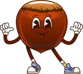 Cartoon funny groovy hazelnut nut character in retro sneakers joyfully pointing on itself showcasing funky y2k vibe. Isolated vector playful food seed personage spreading happiness and hippie energy