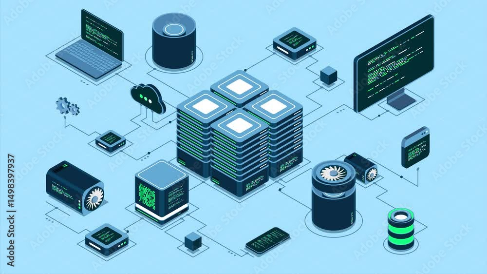 Poster Isometric computer technology animation. Computation of big data center. Cloud computing. Online devices upload and download information. 4K video animated in isometric style