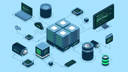 Isometric computer technology animation. Computation of big data center. Cloud computing. Online devices upload and download information. 4K video animated in isometric style - Powered by Adobe