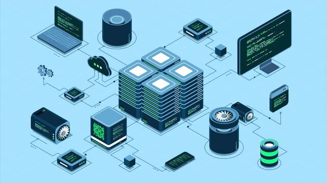 Isometric computer technology animation. Computation of big data center. Cloud computing. Online devices upload and download information. 4K video animated in isometric style - Powered by Adobe