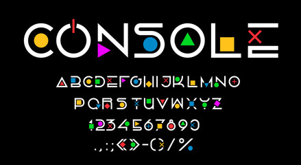 Gamer font, arcade game play type, creative typography type, english alphabet. Alphabet figures and numbers, English ABC vector typeset letters and digits with gamer console controller buttons symbols
